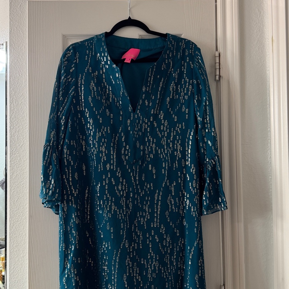 Lilly Pulitzer Elenora Silk Dress Inky Tidal Fish Clip Chiffon Metallic Easter